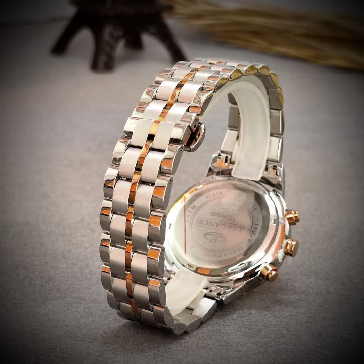 ELEGANCE      ☆Zurich☆ Cornograf  کدساعت cx_951  سه موتور فعال دارای روز شمار قفل استیل پروانه ای (مخفی) بند استیل رنگ ثابت موتورکوارتز کرنو ضدآب  قاب طلایی  کرنوگراف  ارسال به همراه جعبه VIP