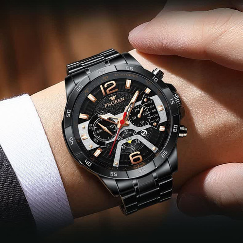 ساعت مچی مردانه FNGEEN subset of BIN BOND ⌚️برند شرکتی مردونه مقاوم دربرابر آب دارای روز شمار طرح کرنوگراف بند استیل شب نما رنگ ثابت قفل کلیپسی موتور کوارتز جعبه کادویی و باطری