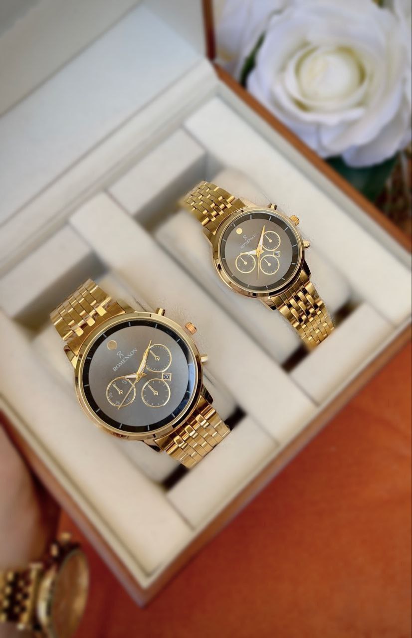 ست ساعت زنانه و مردانه ROMANSON  set  #فلزی #ست  برای آقایان و خانمها  موتور کوارتز شرکتی قفل کلیپسی  بنداستیل رنگ ثابت قاب استیل طرح سه موتور  دارای روز شمار  بند اجری    به همراه جعبه هدیه و باتری یدک