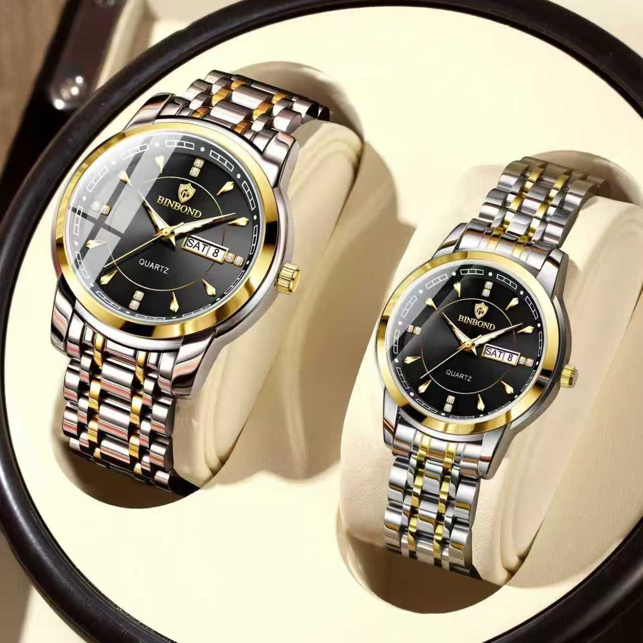 ست ساعت زنانه و مردانه برند بین باند ☑️BIN BOND   《highe quality》       🫆Original watch               ⌚️بین باند مدلی نو    ست زنونه مردونه پرطرفدار  مقاوم دربرابر آب برندشرکتی اوریجینال    شب نما دارای روز شمار  ایام هفته  بند استیل فولاد شیشه معدنی  قفل دو پروانه  موتور کوارتز