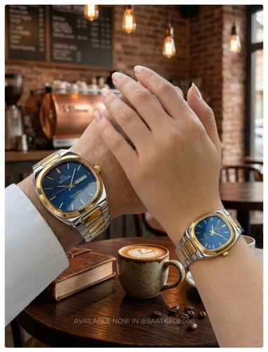 ست ساعت زنانه و مردانه برند امگا OMEGA Couple Watch New Design ساعت ست بند استیل از برند لاکچری "امگا" موتور شرکتی گرید A++ نمایشگر ایام ماه و هفته شیشه کریستال نشکن قاب پشت و بند استیل رنگ ثابت قفل استیل فشاری