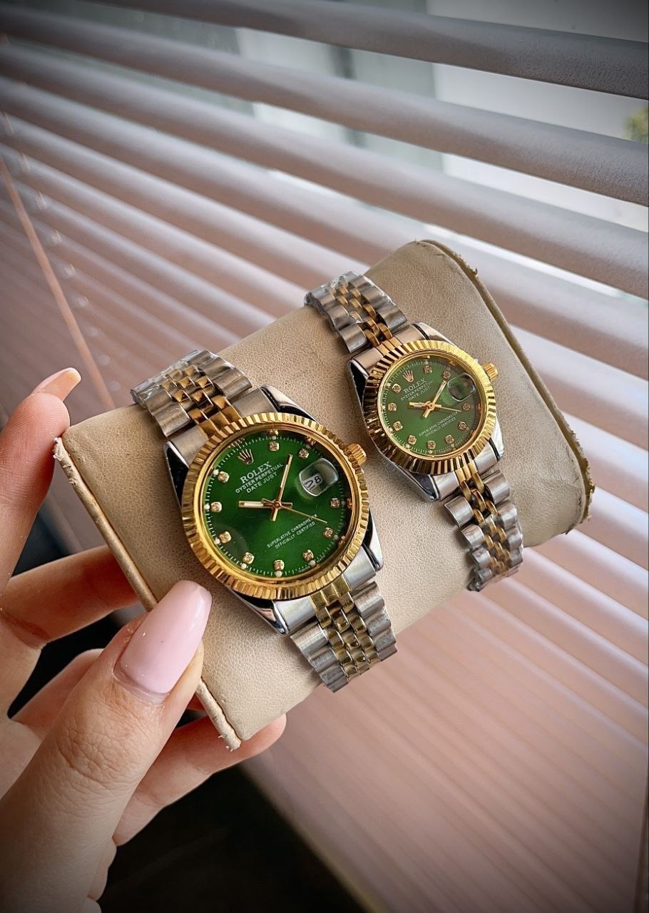 ست ساعت زنانه و مردانه ☑️ROLEX    Couple watch ⌚️   ست زنونه مردونه   رولکس دیت جاس   دارای روز شمار  قفل کلیپسی صفحه نگینی  بند اجری تقویم تلسکوپی (رنگبندی کامل