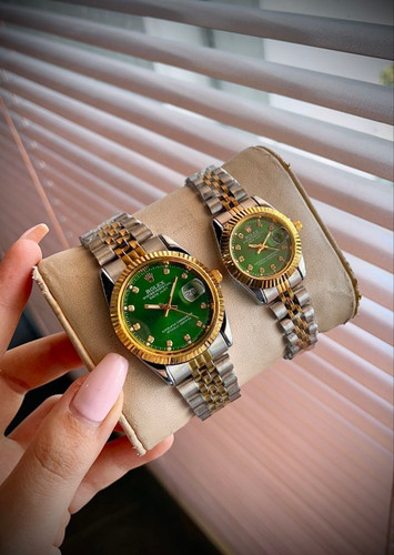 ست ساعت زنانه و مردانه ☑️ROLEX Couple watch ⌚️ ست زنونه مردونه رولکس دیت جاس دارای روز شمار قفل کلیپسی صفحه نگینی بند اجری تقویم تلسکوپی (رنگبندی کامل