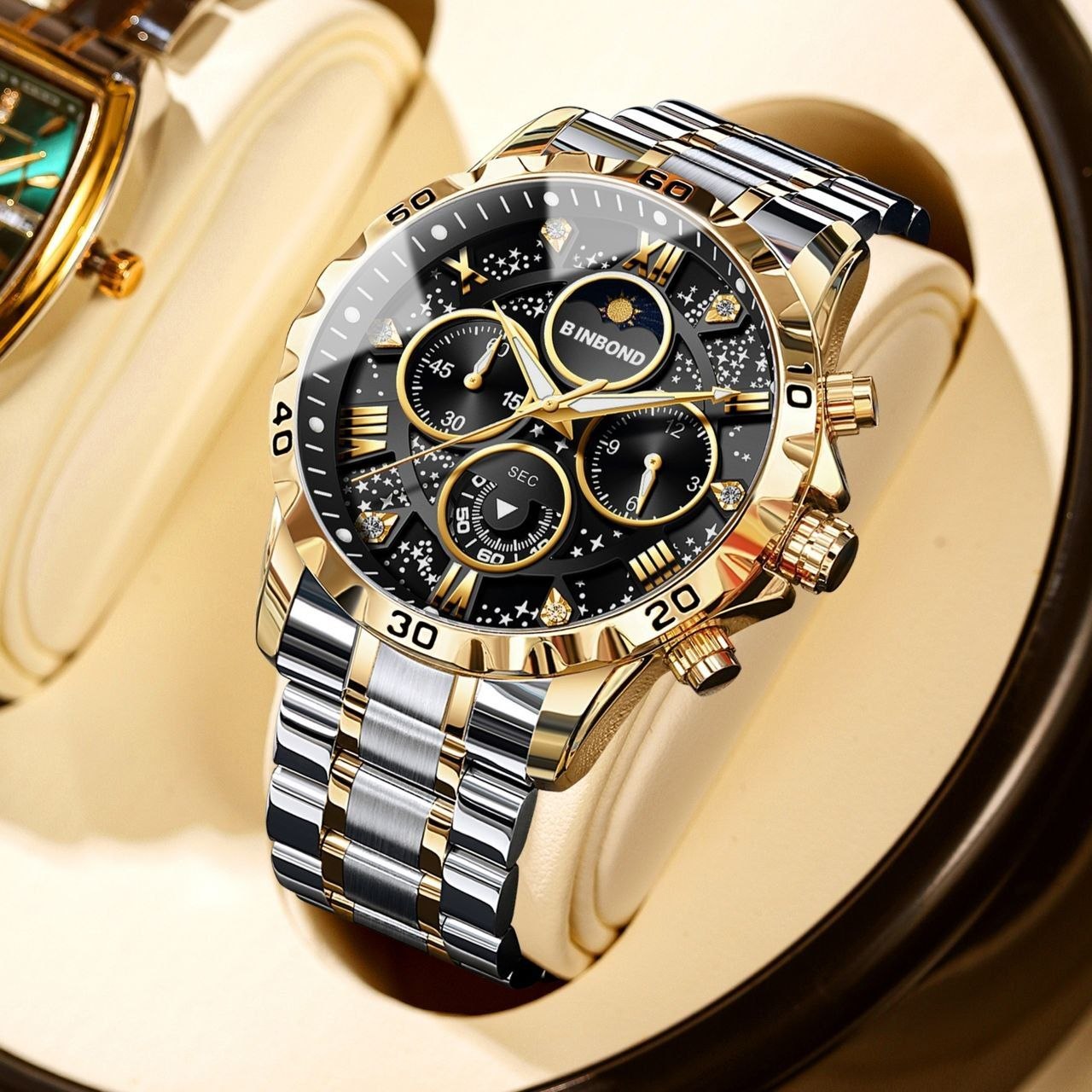 ساعت مچی مردانه ☑️BIN BOND            VIP  Original watch 🫆  《highe quality》                        بین باند الماسی نو   نمایش روز ماه صفحه کهکشانی شب نما  برند شرکتی  دارای روز شمار کرنوگراف  بندفولادی ضد زنگ مقاوم دربرابر آب  رنگ ثابت  قفل کلیپسی موتور کوارتز شرکتی  خاص وجذاب  دارای رنگبندی
