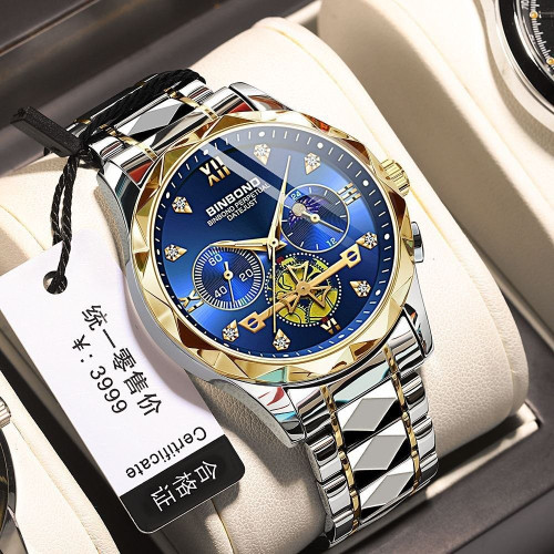 ساعت مچی مردانه ☑️BIN BOND 《highe quality》 Original watch ⌚️بین باند مدلی نو مردونه پرطرفدار مقاوم دربرابر آب برندشرکتی نمایش مون استار شب نما کرنوگراف دارای روز شمار ایام هفته بند استیل فولاد شیشه سافایر قفل دو پروانه موتور کوارتز