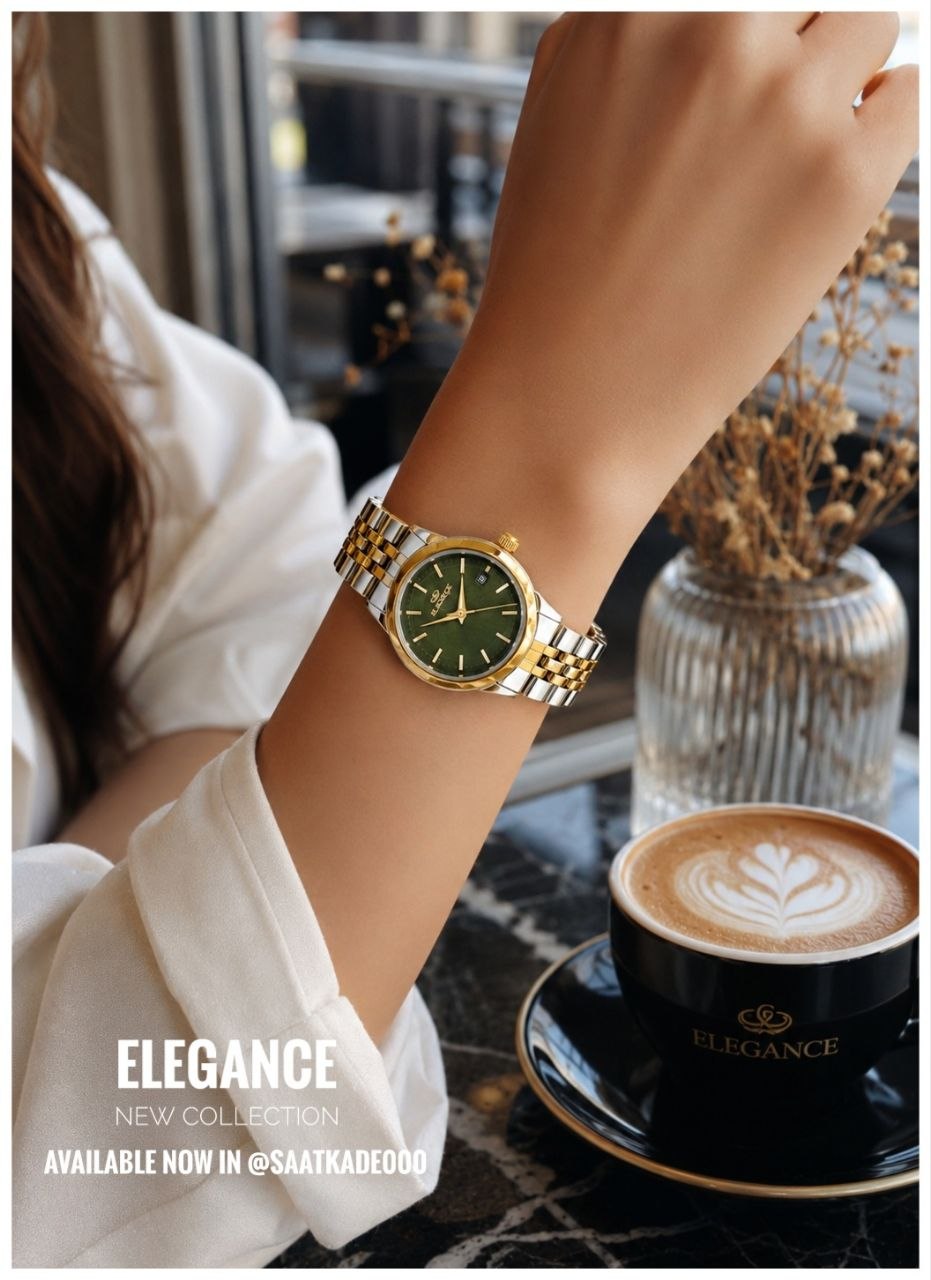 ساعت مچی زنانه Elegance New Collection    ❌ساعت بند استیل از برند " الگانس "  برای خانمها  موتور شرکتی درجه یک دارای روزشمار بند استیل شیشه کریستال قفل استیل پروانه‌ای