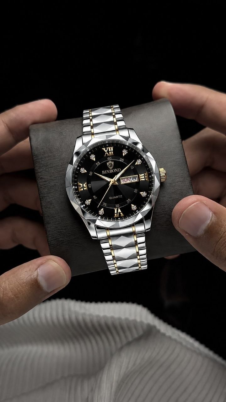 ساعت مچی مردانه ☑️BIN BOND   《highe quality》       🫆Original watch               ⌚️بین باند مدلی نو  مردانه  پرطرفدار  مقاوم دربرابر آب برندشرکتی اوریجینال    شب نما دارای روز شمار  ایام هفته  بند استیل فولاد شیشه الماسی  قفل دو پروانه  موتور کوارتز