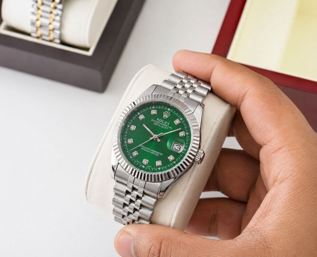 ساعت مچی ☑️ROLEX    Man collection ⌚️    رولکس دیت جاس   دارای روز شمار  قفل کلیپسی صفحه نگینی  بند اجری تقویم تلسکوپی