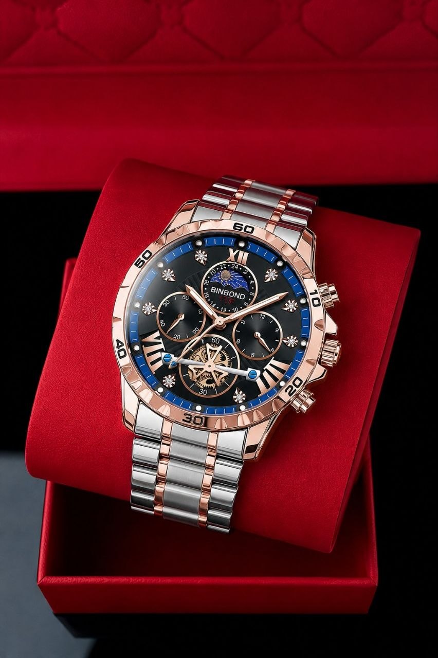ساعت مچی مردانه ☑️BIN BOND            VIP Original watch 🫆  《highe quality》                        ✨خاص پسندها این مدل را از دست ندن...   کیفیت ساخت عالی  نمایش روز ماه صفحه کهکشانی شب نما  برند شرکتی  دارای روز شمار کرنوگراف  بندفولادی ضد زنگ مقاوم دربرابر آب  رنگ ثابت  قفل کلیپسی موتور کوارتز شرکتی