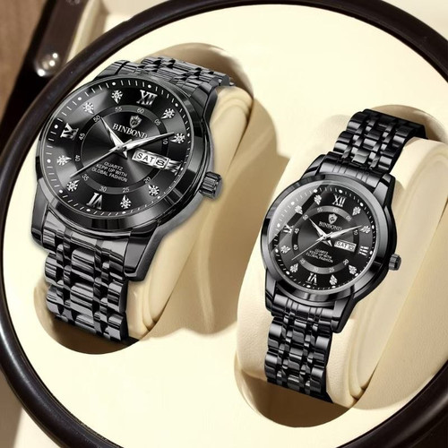 ☑️BIN BOND Couple watch👩❤️💋👨 《highe quality》 Original watch ⌚️بین باند مدلی نو مقاوم دربرابر آب برندشرکتی اوریجینال دارای روز شمار ایام هفته بند استیل فولاد شیشه سافایر شب نما قفل دو پروانه موتور