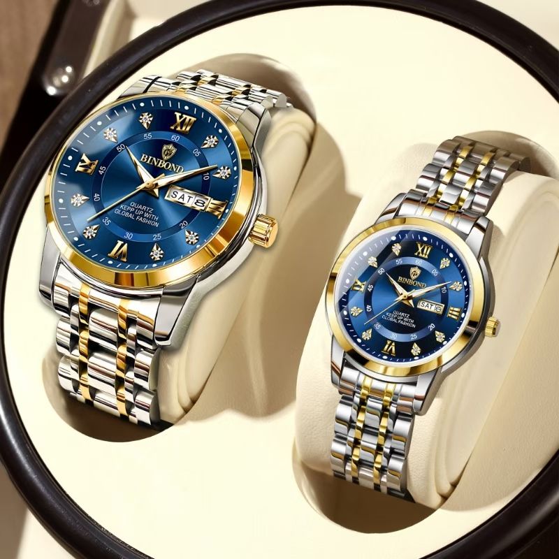 ساعت ست ☑️BIN BOND  Couple watch👩‍❤️‍💋‍👨   《highe quality》       🫆Original watch               ⌚️بین باند مدلی نو  مقاوم دربرابر آب برندشرکتی اوریجینال    دارای روز شمار  ایام هفته  بند استیل فولاد شیشه سافایر  شب نما قفل دو پروانه  موتور کوارتز