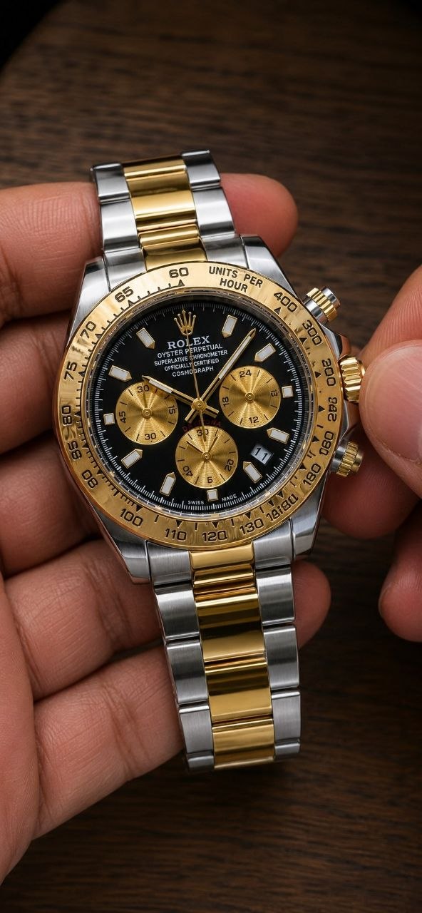 ساعت مچی مردانه ☑️ROLEX  Cosmogrqph Daytona                   ✨✨⌚️شکوه طلا روی مچ شما...   🔻مردونه رولکس دیتونا   کرنوگراف  قفل رولکسی( دو قفل ) بنداستیل  دارای روزشمار  شيشه کریستال بزل چرخان