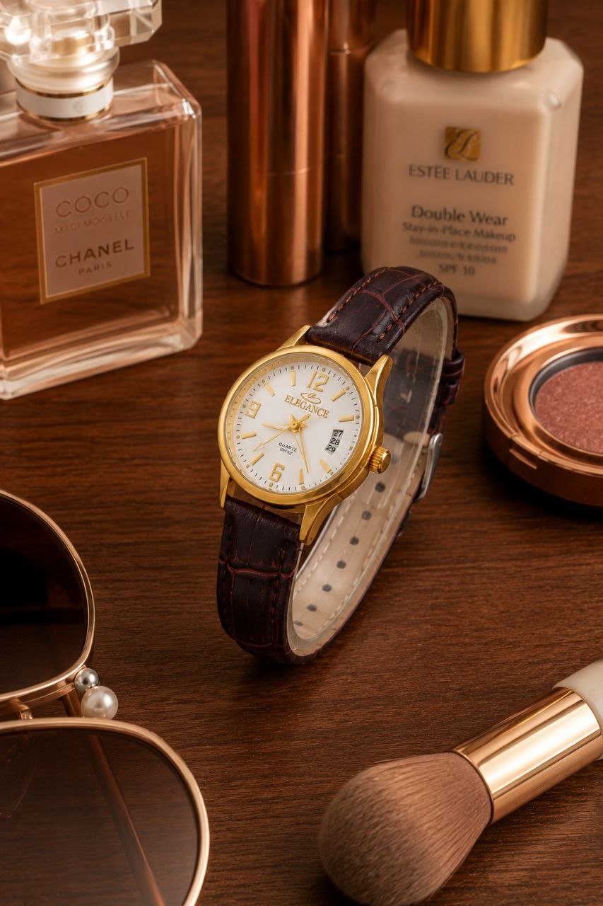 ELEGANCE For Women   ساعت بند چرم کلاسیک از برند  "الگانس" مناسب استایلهای روزانه خانمها   موتور شرکتی درجه یک نمایشگر ایام ماه  قاب پشت استیل  بند چرم صنعتی قفل استیل کمربندی