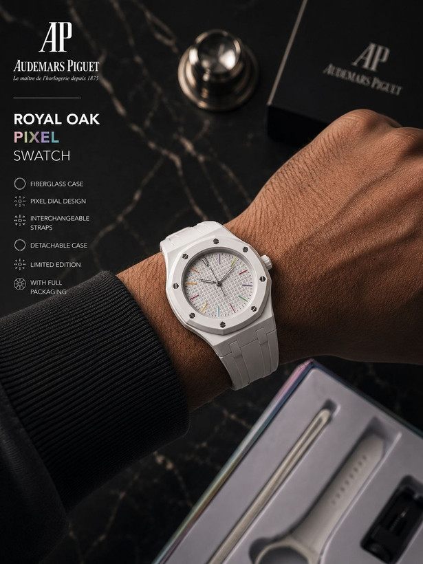 ساعت اسپرت AP × Swatch Royal Pop (ZZ) | کد W1 ✨ طراحی خاص Royal Pop با صفحه پیکسلی ✅ فریم فایبرگلس و قاب جداشونده 🔄 ۳ بند قابل تعویض (سیلیکونی، استیل و چرمی) ⚙️ موتور کوارتز دقیق 💎 شیشه معدنی مقاوم 👫 مناسب خانمها و آقایان 🎁 همراه پک کامل و ابزار تعویض