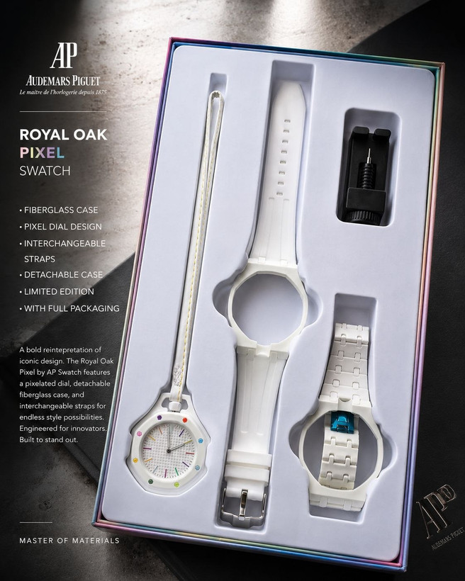 ساعت اسپرت AP × Swatch Royal Pop (ZZ) | کد W1 ✨ طراحی خاص Royal Pop با صفحه پیکسلی ✅ فریم فایبرگلس و قاب جداشونده 🔄 ۳ بند قابل تعویض (سیلیکونی، استیل و چرمی) ⚙️ موتور کوارتز دقیق 💎 شیشه معدنی مقاوم 👫 مناسب خانمها و آقایان 🎁 همراه پک کامل و ابزار تعویض