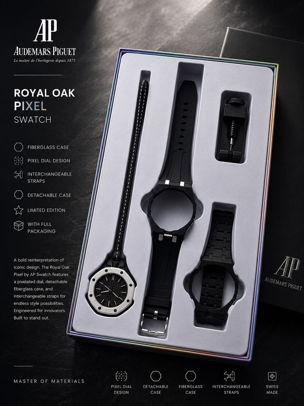 ساعت اسپرت AP × Swatch Royal Pop (ZZ) | کد W1 ✨ طراحی خاص Royal Pop با صفحه پیکسلی ✅ فریم فایبرگلس و قاب جداشونده 🔄 ۳ بند قابل تعویض (سیلیکونی، استیل و چرمی) ⚙️ موتور کوارتز دقیق 💎 شیشه معدنی مقاوم 👫 مناسب خانمها و آقایان 🎁 همراه پک کامل و ابزار تعویض