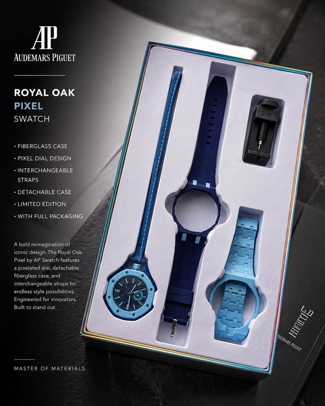 ساعت اسپرت AP × Swatch Royal Pop (ZZ) | کد W1 ✨ طراحی خاص Royal Pop با صفحه پیکسلی ✅ فریم فایبرگلس و قاب جداشونده 🔄 ۳ بند قابل تعویض (سیلیکونی، استیل و چرمی) ⚙️ موتور کوارتز دقیق 💎 شیشه معدنی مقاوم 👫 مناسب خانمها و آقایان 🎁 همراه پک کامل و ابزار تعویض