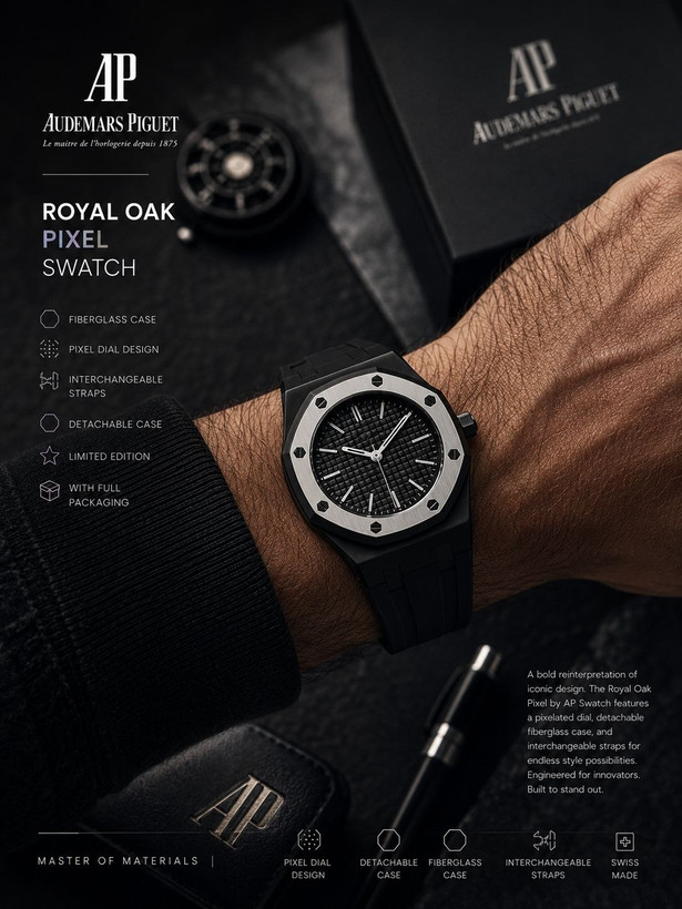 ساعت اسپرت AP × Swatch Royal Pop (ZZ) | کد W1 ✨ طراحی خاص Royal Pop با صفحه پیکسلی ✅ فریم فایبرگلس و قاب جداشونده 🔄 ۳ بند قابل تعویض (سیلیکونی، استیل و چرمی) ⚙️ موتور کوارتز دقیق 💎 شیشه معدنی مقاوم 👫 مناسب خانمها و آقایان 🎁 همراه پک کامل و ابزار تعویض