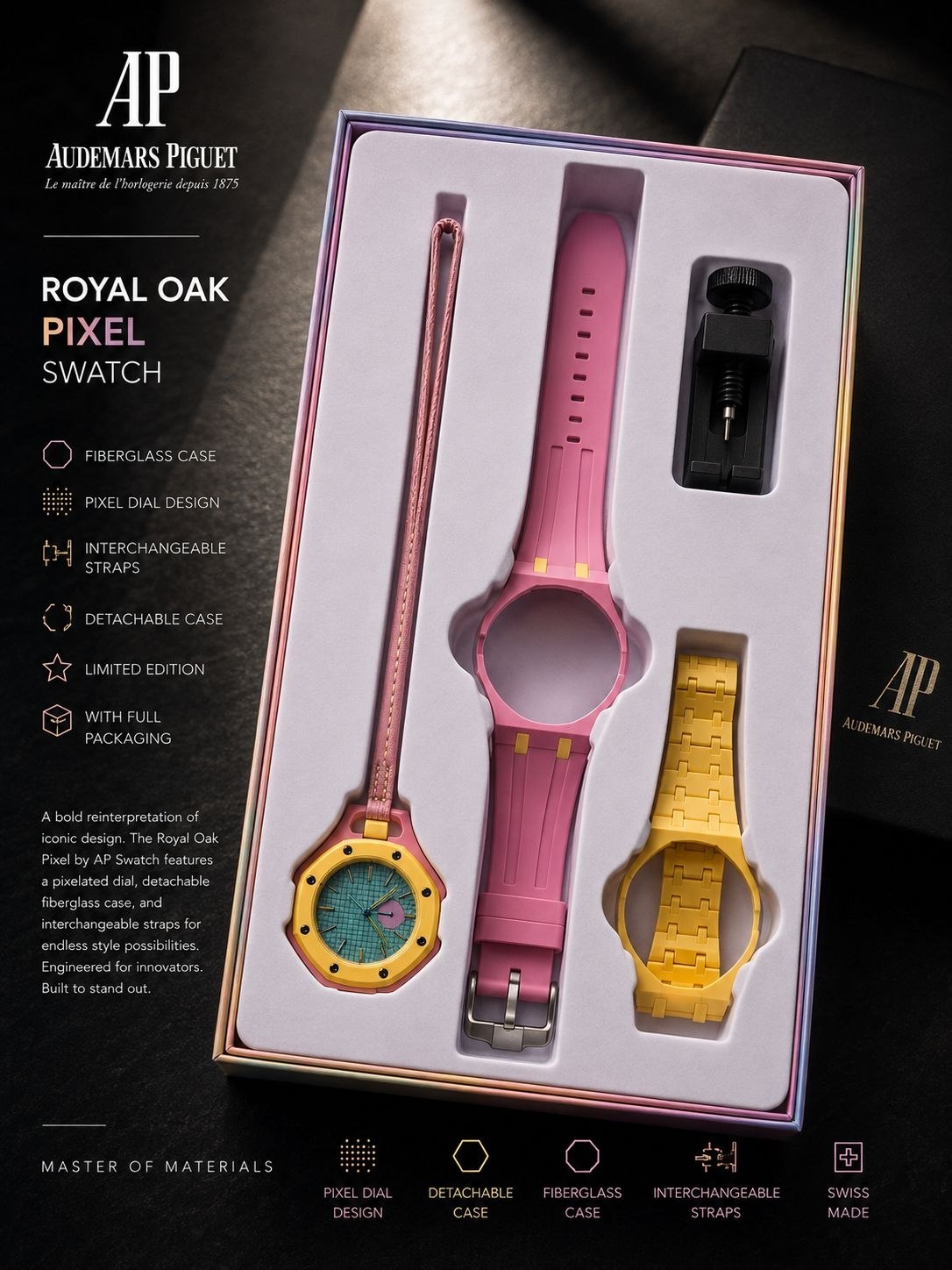 ساعت اسپرت AP × Swatch Royal Pop (ZZ) | کد W1  ✨ طراحی خاص Royal Pop با صفحه پیکسلی ✅ فریم فایبرگلس و قاب جداشونده 🔄 ۳ بند قابل تعویض (سیلیکونی، استیل و چرمی) ⚙️ موتور کوارتز دقیق 💎 شیشه معدنی مقاوم 👫 مناسب خانم‌ها و آقایان 🎁 همراه پک کامل و ابزار تعویض
