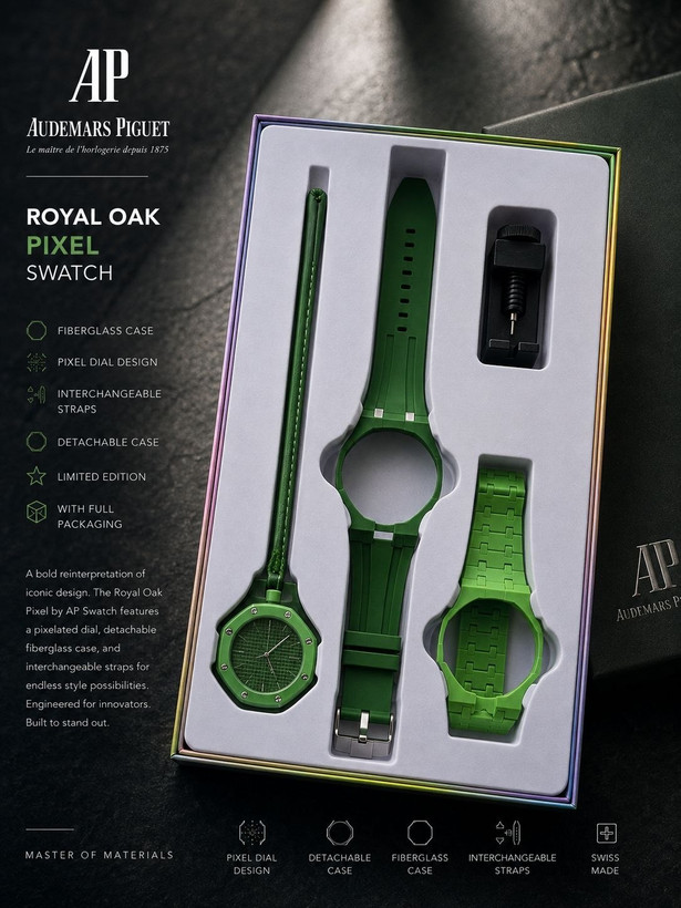 ساعت اسپرت AP × Swatch Royal Pop (ZZ) | کد W1 ✨ طراحی خاص Royal Pop با صفحه پیکسلی ✅ فریم فایبرگلس و قاب جداشونده 🔄 ۳ بند قابل تعویض (سیلیکونی، استیل و چرمی) ⚙️ موتور کوارتز دقیق 💎 شیشه معدنی مقاوم 👫 مناسب خانمها و آقایان 🎁 همراه پک کامل و ابزار تعویض