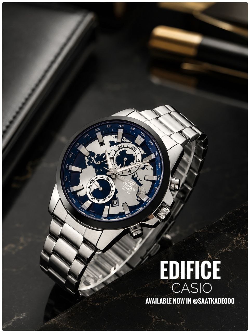 ساعت مچی مردانه  Edifice Casio Universe برای آقایان   موتور تایوان تحت لیسانس کاسیو ۳ موتور فعال کرنوگراف نمایشگر ایام ماه شیشه سافایر ضدخش بند استیل قاب پشت استیل قفل استیل پروانه‌ای