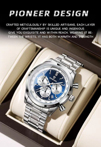 ساعت مچی مردانه BIN BOND 《highe quality》 Original watch ⌚️بین باند مدلی نو مردونه پرطرفدار مقاوم دربرابر آب برندشرکتی اوریجینال شب نما کرنوگراف دارای روز شمار بند استیل فولاد شیشه سافایر قفل دو پروانه موتور کوارتز