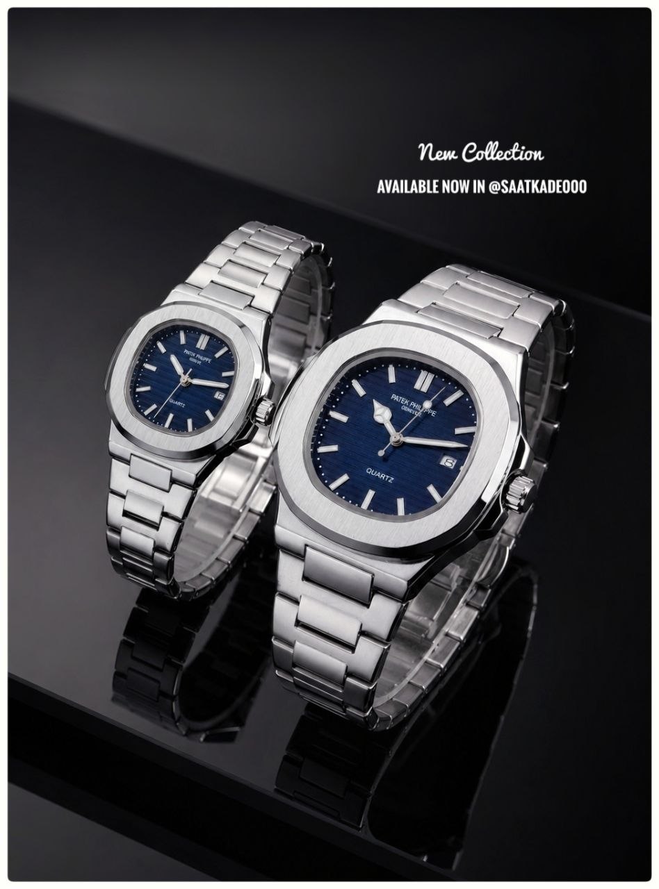 ست ساعت زنانه و مردانه Patek Philippe  ساعت ست بند استیل از برند "پتک‌فیلیپ" رنگ صفحه تیفانی  موتور شرکتی گرید A++ نمایشگر ایام ماه  شیشه کریستال نشکن  اندیس شب‌نما قاب پشت و بند استیل رنگ ثابت  قفل استیل فشاری