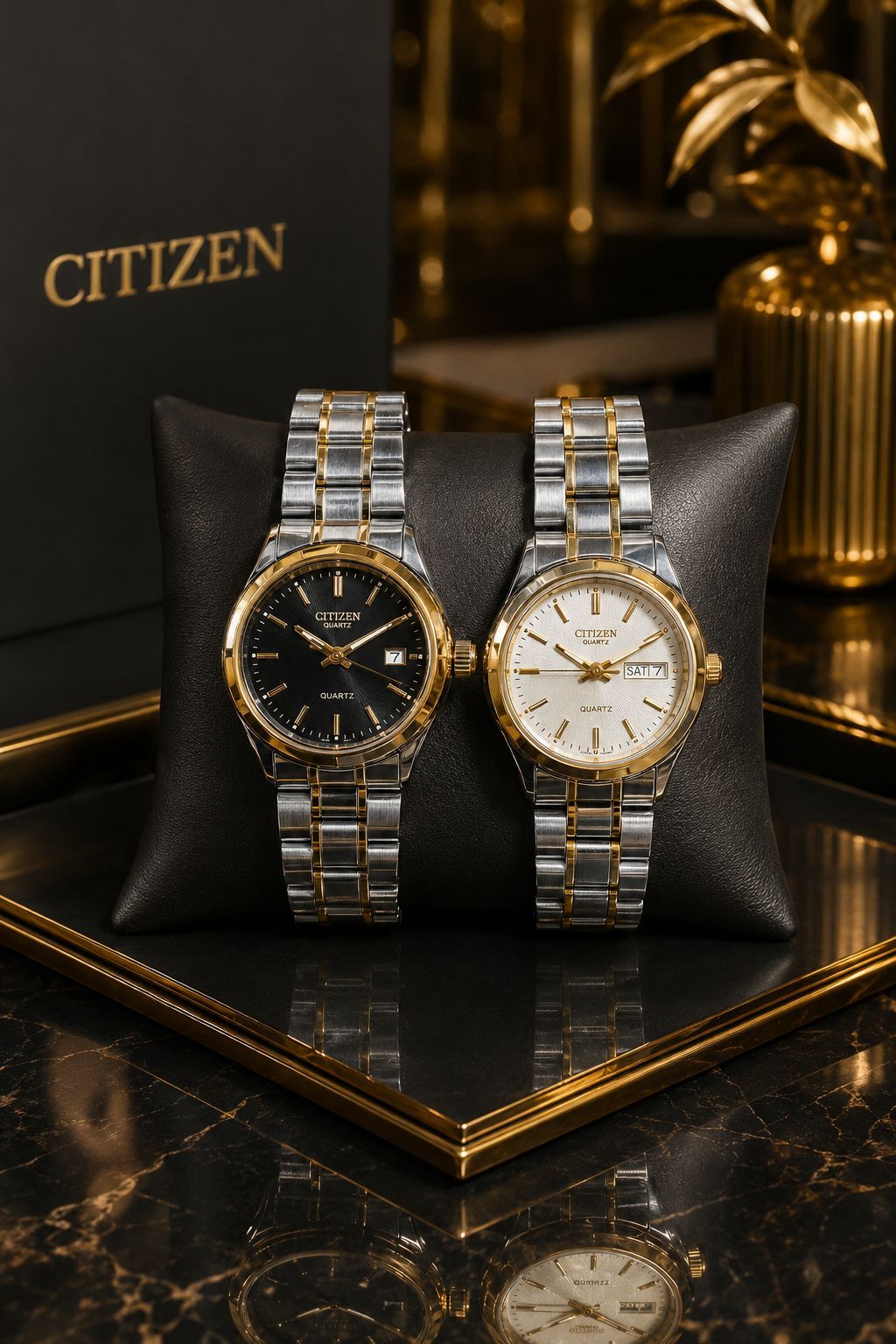 ساعت مچی زنانه سیتیزن (Citizen) مدل VIP   برند: سیتیزن زنانه(Citizen vip) شیشه معدنی مقعر با کیفیت و عقربه‌های طلایی نوع موتور: کوارتز (باتری‌خور)  با عملکرد تک موتور فعال با تاریخ فعال