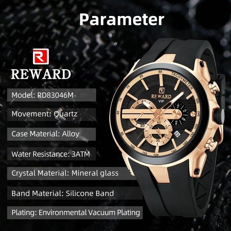 ساعت مچی مردانه REWARD 83046 دارای طراحی جذاب و  سه موتوره فعال کرنوگراف ساعت AM/PM قاب ضد زنگ بند سیلیکونی  قفل کمربندی اورجینال  درج لوگو بر روی قفل و قاب ساعت شیشه هاردلکس منحنی مقاوم دربرابر ضربه و خش ضد آب در حد پاشش همراه با جعبه پک ریوارد