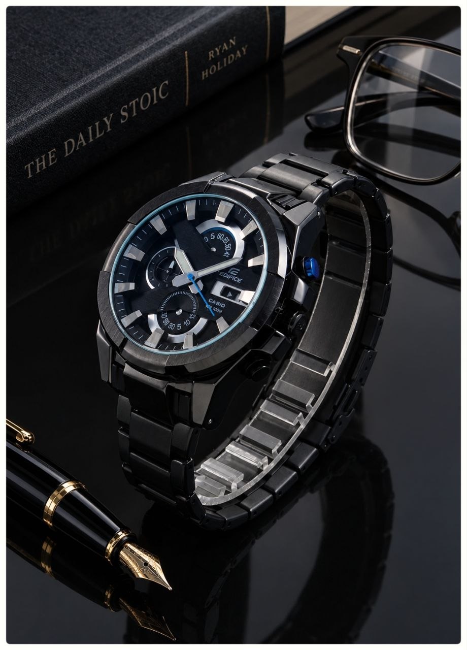 ساعت مچی مردانه Edifice Casio  برای آقایان   موتور تایوان تحت لیسانس کاسیو ۳ موتور فعال کرنوگراف نمایشگر ایام ماه شیشه سافایر ضدخش قاب پشت و بند استیل قفل استیل پروانه‌ای