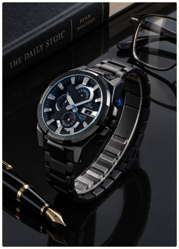 ساعت مچی مردانه Edifice Casio برای آقایان موتور تایوان تحت لیسانس کاسیو ۳ موتور فعال کرنوگراف نمایشگر ایام ماه شیشه سافایر ضدخش قاب پشت و بند استیل قفل استیل پروانهای